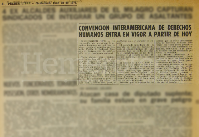 El 18 de julio de 1978 Prensa Libre informaba sobre la entrada en vigencia de la Convención Interamericana de Derechos Humanos. (Foto: Hemeroteca PL)