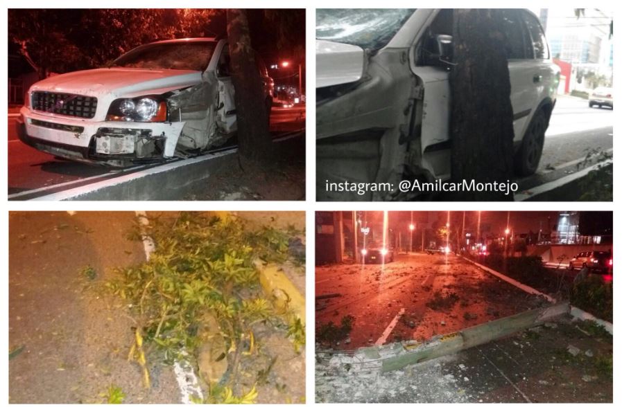 Conductor abandonó vehículo luego de derribar un poste y árboles en Bulevar Los Próceres, Zona 10. (Foto Prensa Libre: Amilcar Montejo)