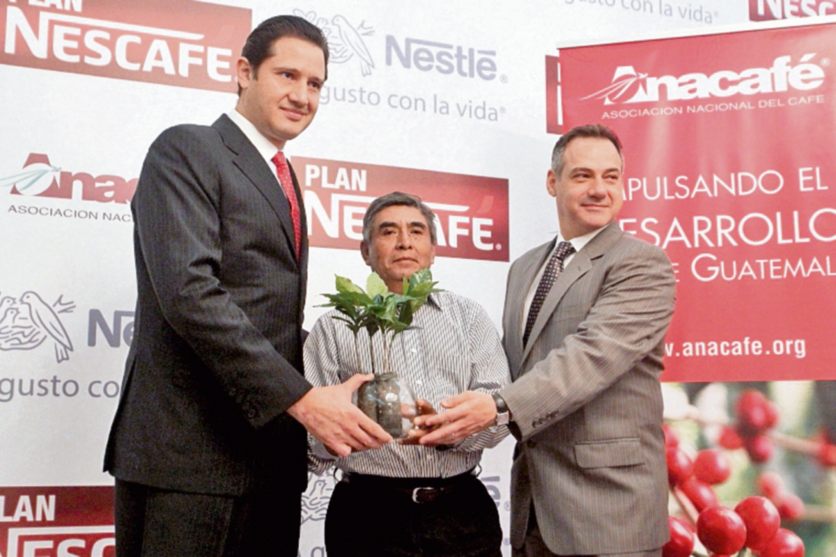 Directivos de Nestlé y Anacafé entregan la planta que recibirán los productores de café. (Foto Prensa Libre: Álvaro Interiano)