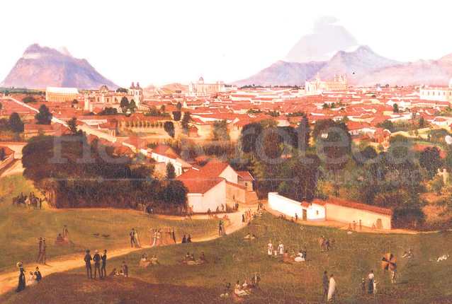 La ciudad de Guatemala vista desde el Cerrito del Carmen. Pintado por Augusto de Succa en 1870. (Foto: Hemeroteca PL)