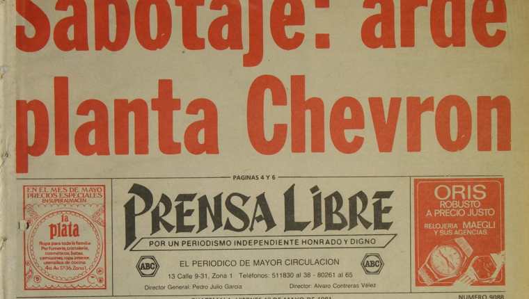 01/05/1981 Portada de Prensa Libre  sobre el  incendio en la planta de la compañía petrolera Chevron. (Foto: Hemeroteca PL)