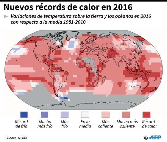 Variaciones de la temperatura de la tierra y los océanos en el 2016. (AFP).