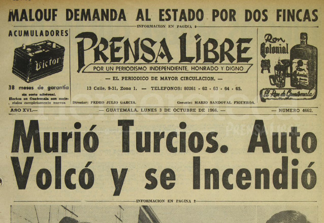 Titular de Prensa Libre del 3 de octubre de 1966. (Foto: Hemeroteca PL)