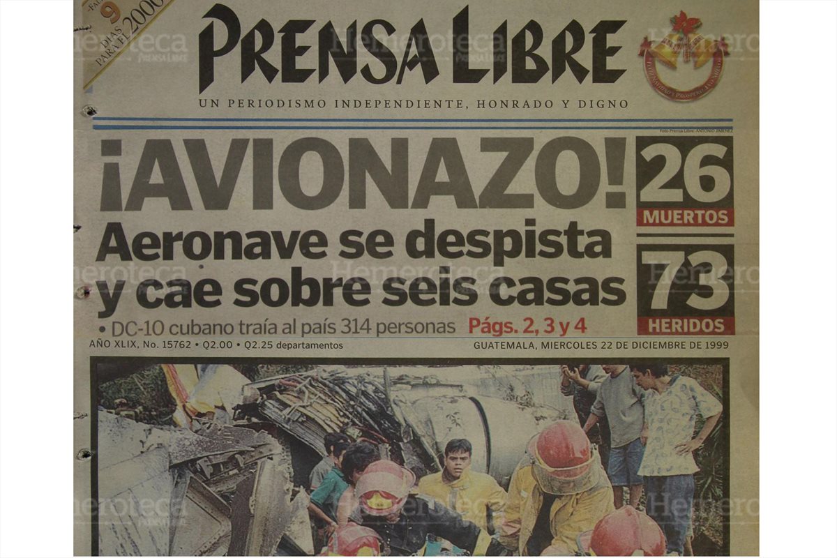 23/12/1999 Portada Prensa Libre sobre el accidente aéreo de Cubana de Aviación. (Foto: Hemeroteca PL)