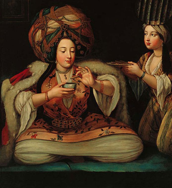 Las mujeres en los harenes no eran "turcas". ("Disfrutando café", pintura de autor desconocido que está en el Museo Pera en Turquía)