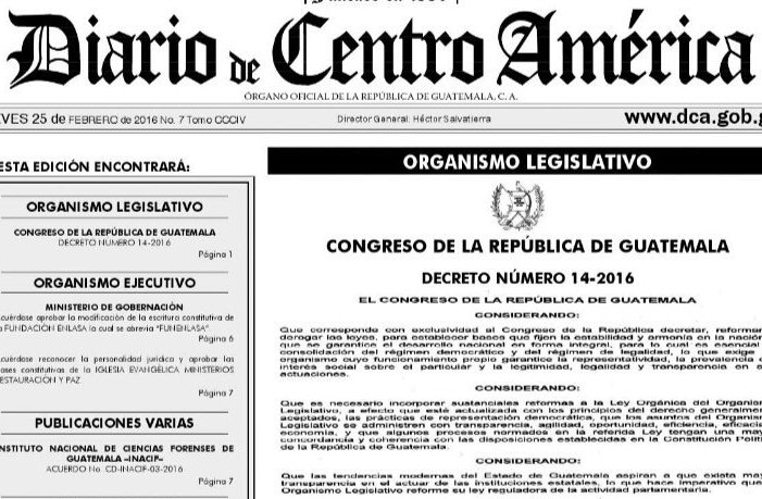 El Decreto 14-2016 fue publicado este jueves, 21 días después de ser aprobado en el Congreso. (Foto Prensa Libre: DCA)