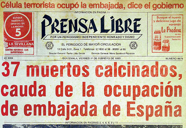 Titular de la portada de Prensa Libre del 1/2/1980 informando sobre la masacre de la embajada de España en Guatemala. (Foto: Hemeroteca PL)