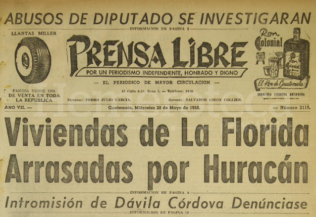Titular de Prensa Libre del 28 de mayo de 1958. (Foto: Hemeroteca PL)