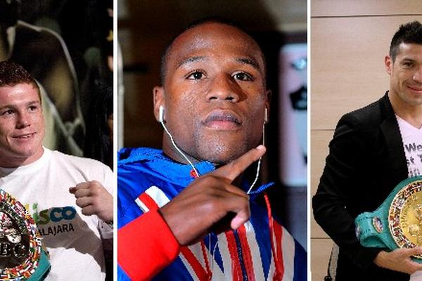 Saúl "Canelo" Álvarez, Floyd Mayweather Jr. y Sergio "Maravilla" Martínez (De Izq. a der.). (Foto Prensa Libre: EFE)