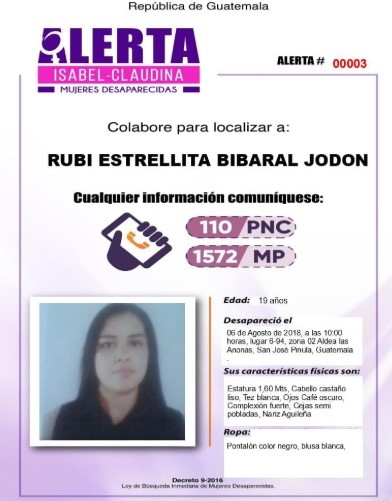 El tecer reporte de desaparición es de Rubi Estrellita Bibaral Jodon.(Foto Prensa Libre: MP)