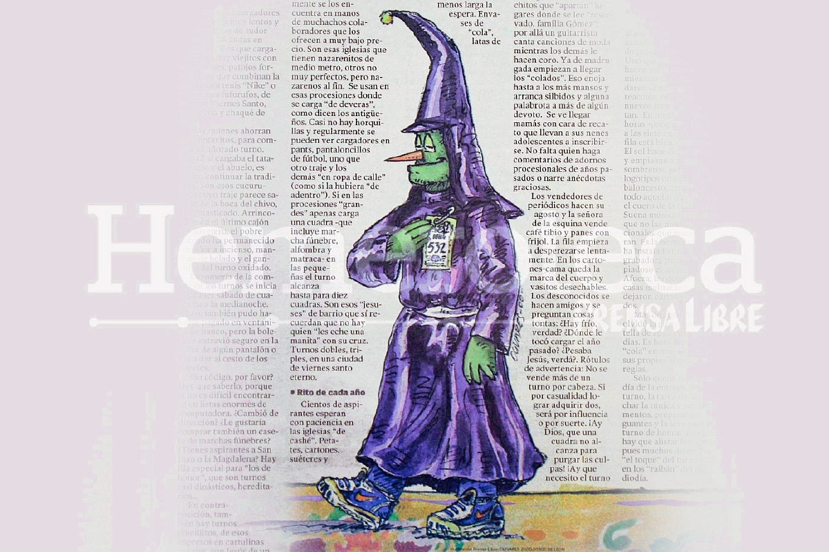 El satírico Señor Zanahoria, vestido de cucurucho, creado por Marvin Olivares para Cultura de Prensa Libre. Ilustración: Hemeroteca PL