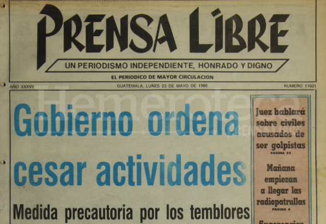 Titular de Prensa Libre del 23 de mayo de 1988. (Foto: Hemeroteca PL)