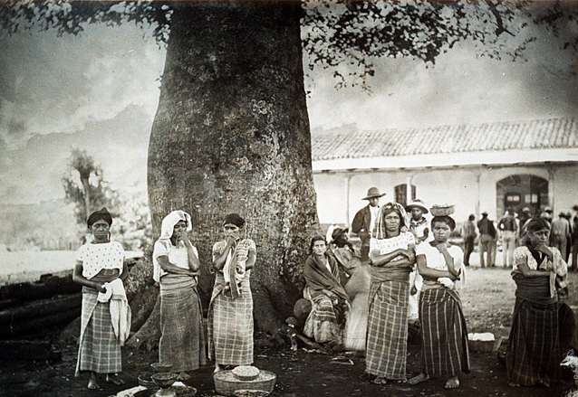 Una estampa añeja de Palín, mujeres al pie de la ceiba. Foto de principios del siglo XX. (Foto: CIRMA)