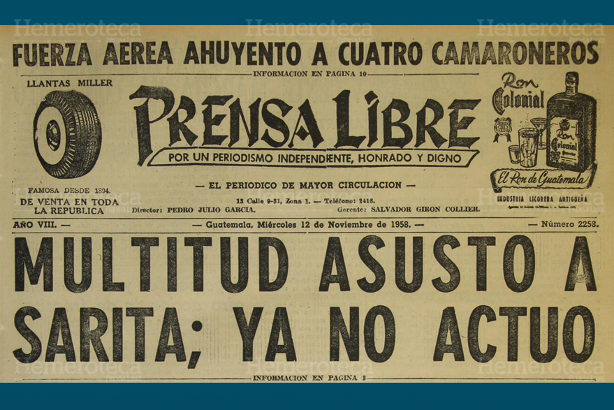 Titular de Prensa Libre del 12 de noviembre de 1958, donde se destaca el incidente con Sarita Montiel. (Foto: Hemeroteca PL)