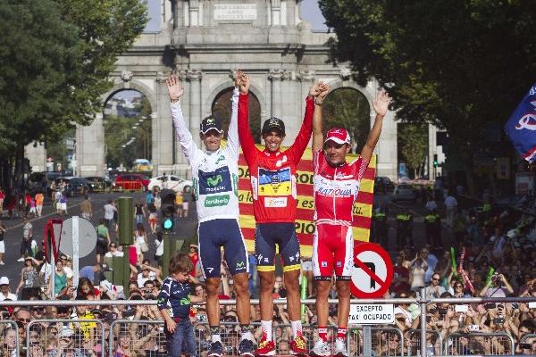 En el podio: Valverde, Contador y Rodríguez. (Foto Prensa Libre: AFP)