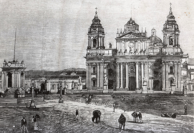 Grabado anónimo de la Catedral y la Plaza de Armas, en 1870. (Foto: Hemeroteca PL)
