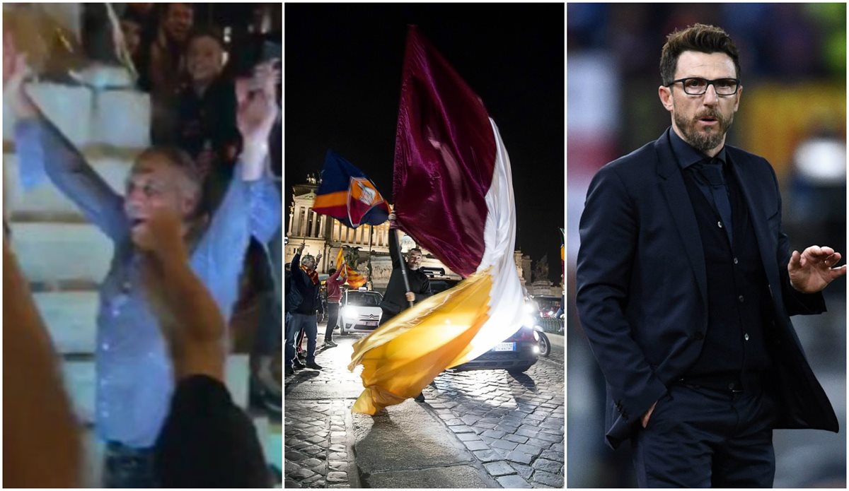 El festejo del presidente de la Roma, la locura de los aficionados y las declaraciones del técnico, Eusebio Di Francesco, forman parte de la tarde inolvidable en Champions. (Foto Prensa Libre: Twitter, EFE y AFP)
