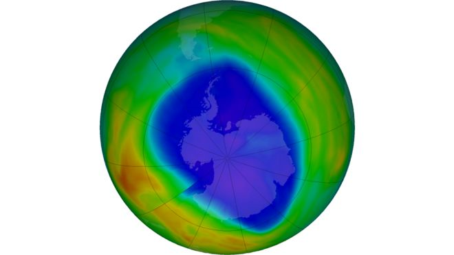 Vista del ozono total sobre la Antártida el 12 de septiembre. Los colores púrpura y azul son los que tienen menos ozono y los amarillos y rojos son los que tienen más. (NASA)