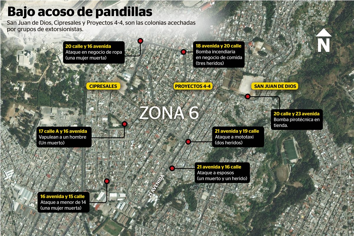 Área donde integrantes de la Mara Salvatrucha y Barrio 18 han llevado a cabo ataques a comercios y personas. (Infografía: Prensa Libre)