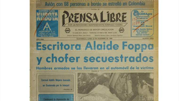 Portada de Prensa Libre del 22 de diciembre 1980 da a conocer el secuestro de la escritora Alaíde Foppa. (Foto: Hemeroteca PL)