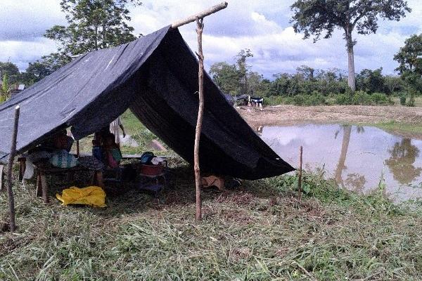 Algunos de los afectados por el desborde del río Chichoy instalaron champas   mientras baja el nivel de agua  en sus viviendas.
