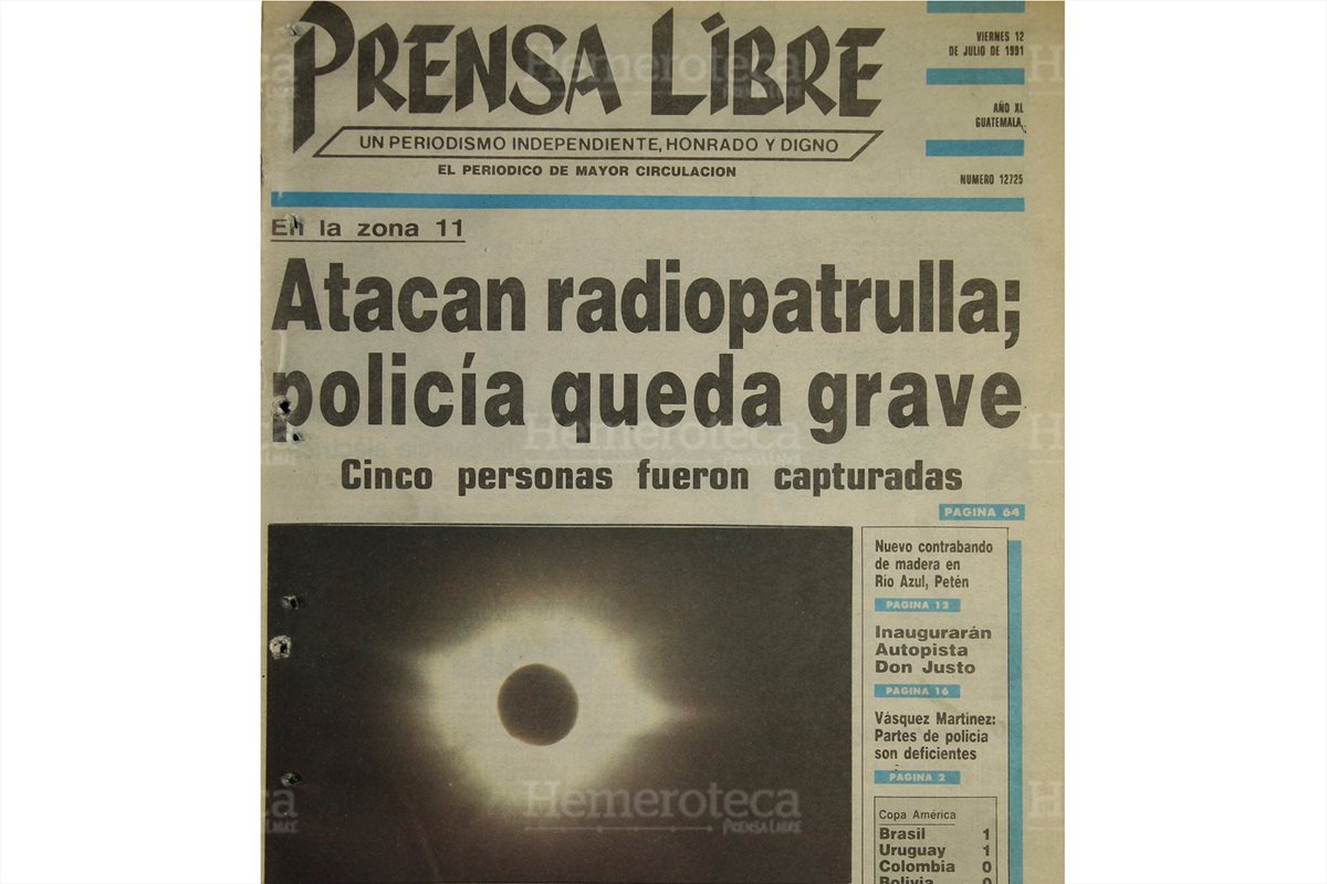 Portada de Prensa Libre del 12/7/1991 daba cobertura al eclipse total de sol. (Foto: Hemeroteca PL)