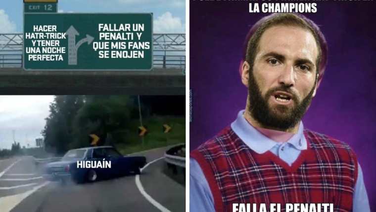 El argentino Gonzalo Higuaín fue el blanco de las burlas en los memes por haber fallado un penalti contra el Tottenham. (Foto Prensa Libre: Twitter)