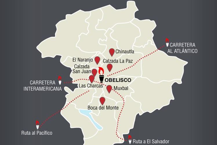 Mapa de las principales rutas que tuvieron dificultades el año pasado, por las antorchas. (Foto Prensa Libre: HemerotecaPL)