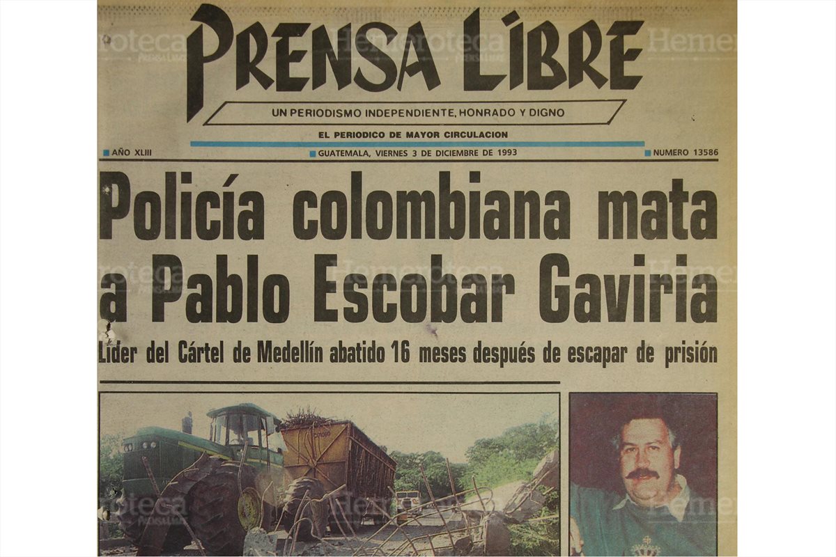 Portada de Prensa Libre del 3/12/1993 da a conocer la muerte de Pablo Escobar. (Foto: Hemeroteca PL)