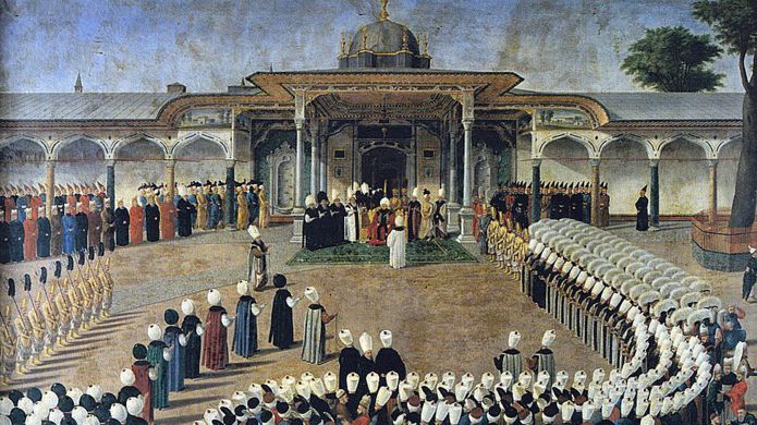 Sultán Selim III en una audiencia frente a la Puerta de la Felicidad. Los cortesanos están reunidos en un protocolo estricto. Topkap? Saray? Müzesi, Estambul (Foto de la obra: Konstantin Kap?da?l?)