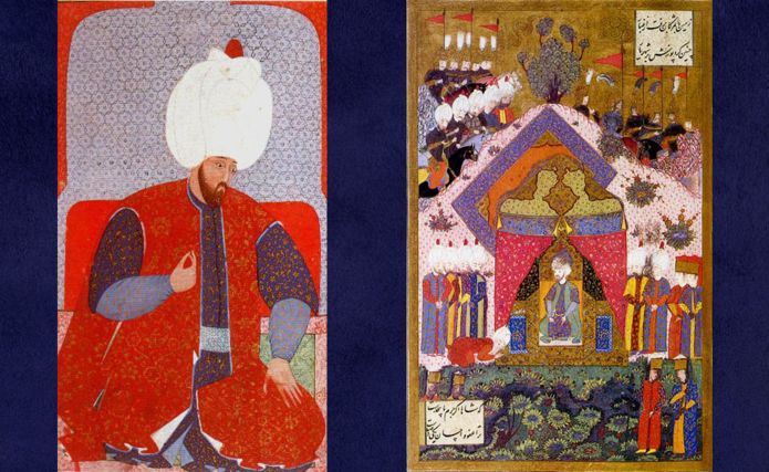 Solimán joven (derecha) y el sultán recibiendo a un embajador (izquierda) en una pintura de Matrakç? Nasuh.