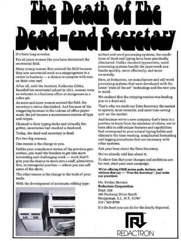 "El fin del trabajo engorroso de las secretarias", anunciaba esta publicidad de la empresa de Berezin, Redactron.
