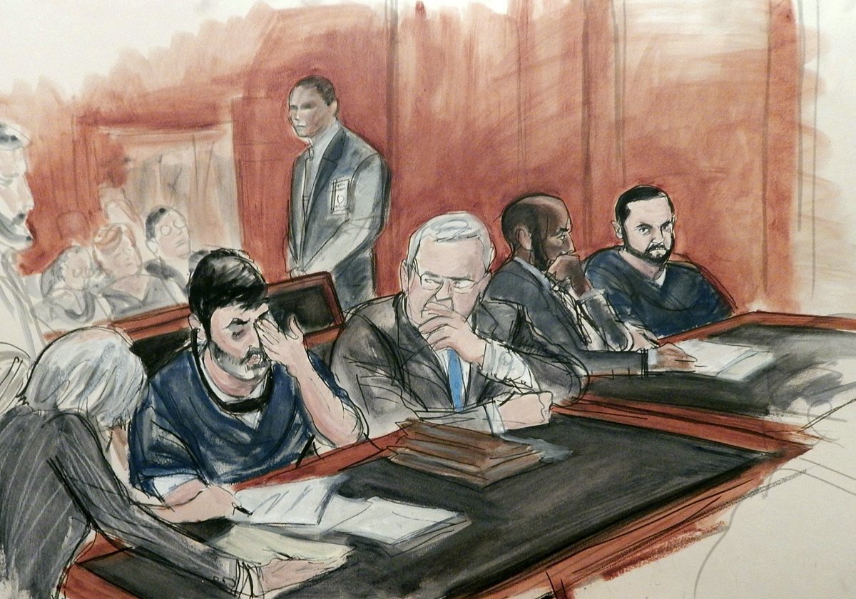 Representación del juicio efectuado en Nueva York contra los sobrinos de Nicolás Maduro, presidente de Venezuela. (Foto Prensa Libre: AP)