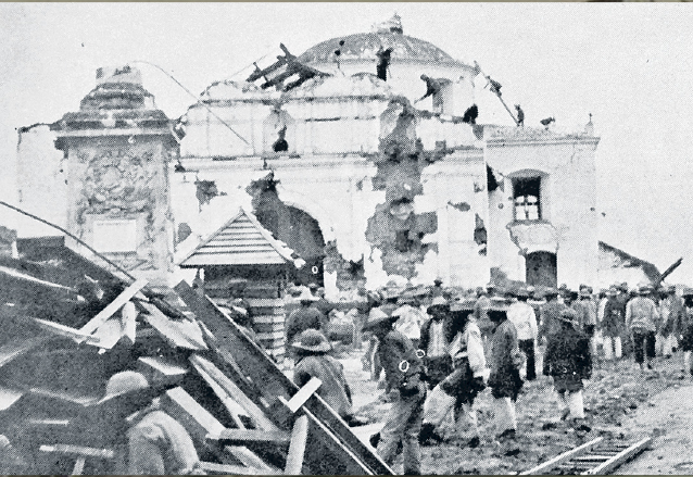 La antigua iglesia de San Nicolás, construida de adobe y piedra quedó destruida por el Terremoto de 1902. (Foto: el Quetzalteco)