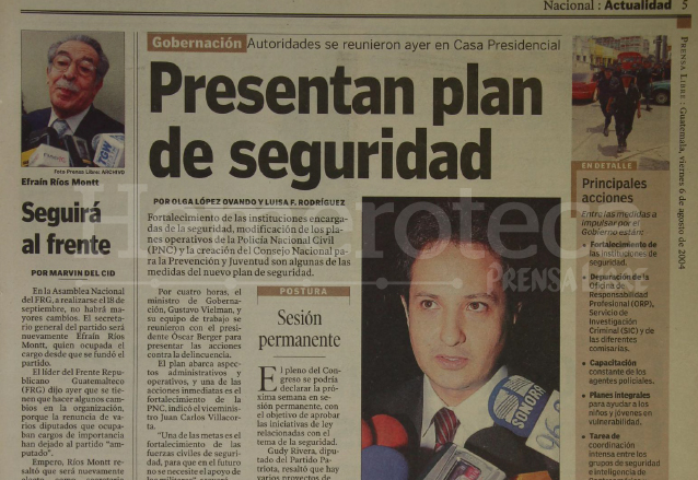 Nota del 6 de agosto de 2004 informando sobre la presentación de un nuevo plan de seguridad por el gobierno de Óscar Berger. (Foto: Hemeroteca PL)