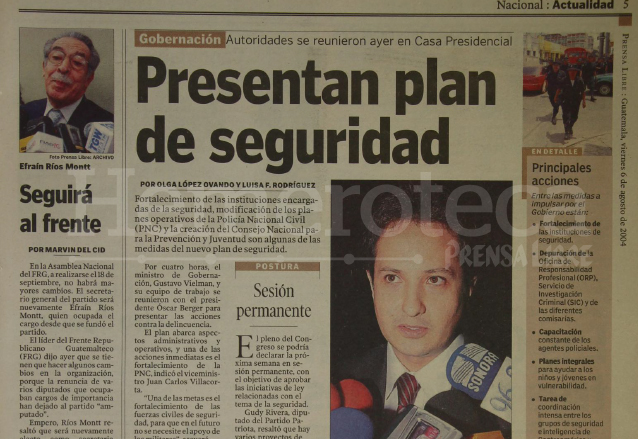 Nota del 6 de agosto de 2004 informando sobre la presentación de un nuevo plan de seguridad por el gobierno de Óscar Berger. (Foto: Hemeroteca PL)