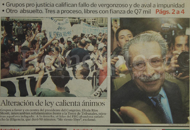 Detalle de la portada de Prensa Libre del 25 de abril de 2001 informando sobre la absolución de Ríos Montt sobre la alteración a la ley de bebidas.  (Foto: Hemeroteca PL)