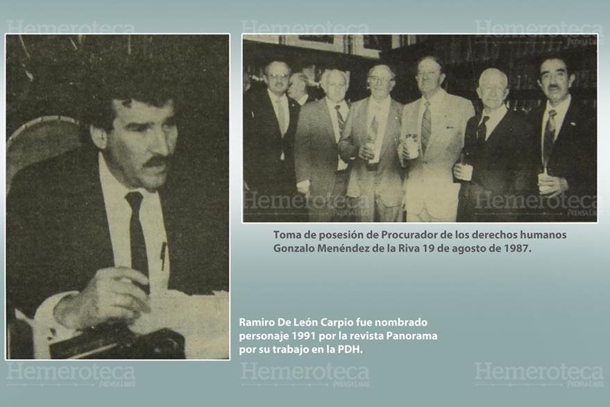 A la izquierda Ramiro de León Carpio cuando fungía como PDH, a la Derecha la toma de posesión del primer procurador de Derechos Humanos del país. (Foto Prensa Libre: Hemeroteca)