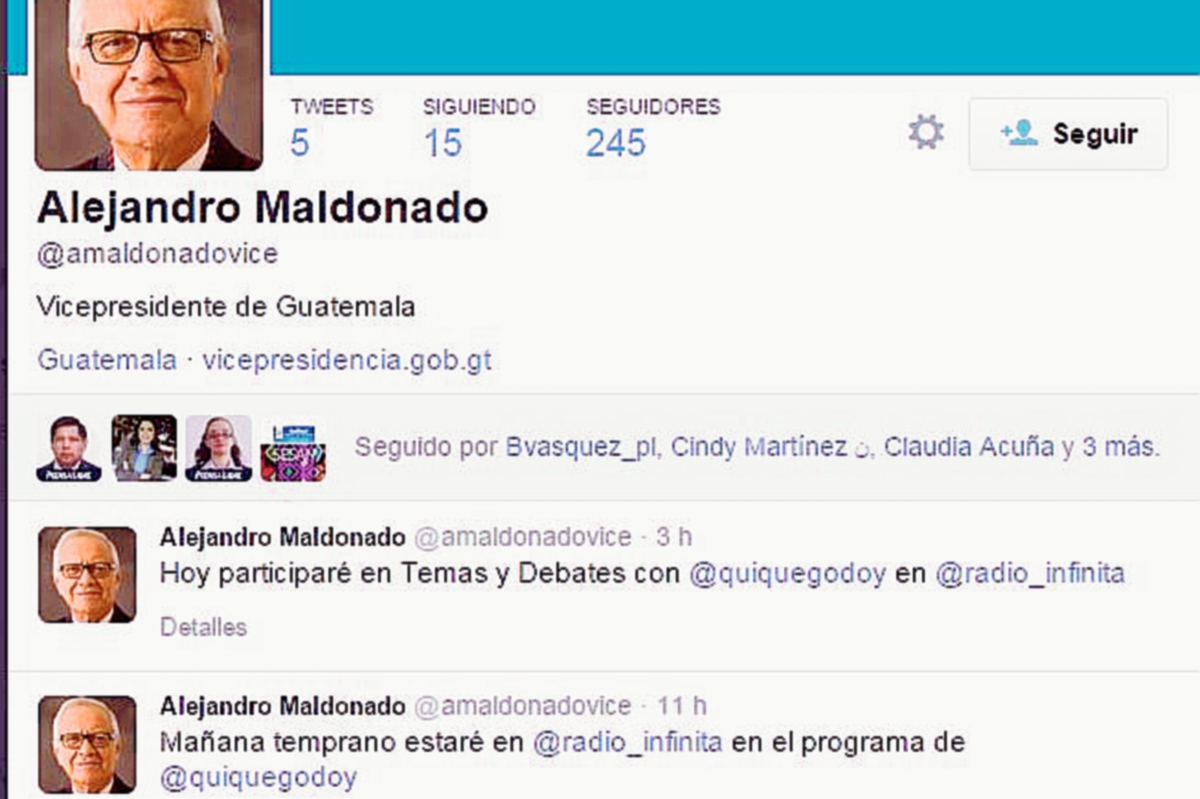 Cuenta de Twitter del Vicepresidente Alejandro Maldonado Aguirre. (Foto Prensa Libre: Twitter).