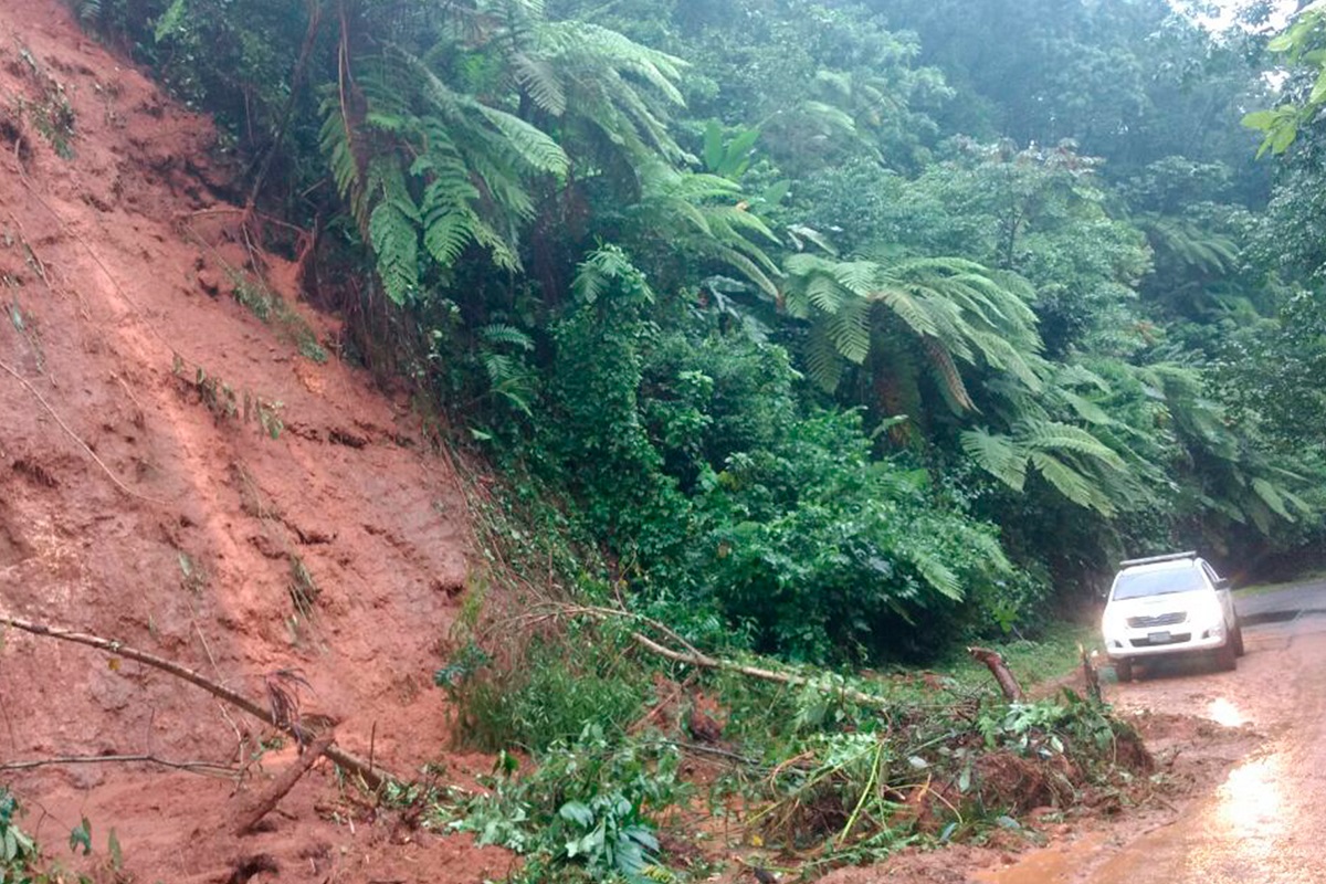 Un derrumbe por la saturación del suelo por las lluvias de las últimas horas, se registró en el kilómetro 273. (Foto Prensa Libre: Whitmer Barrera)