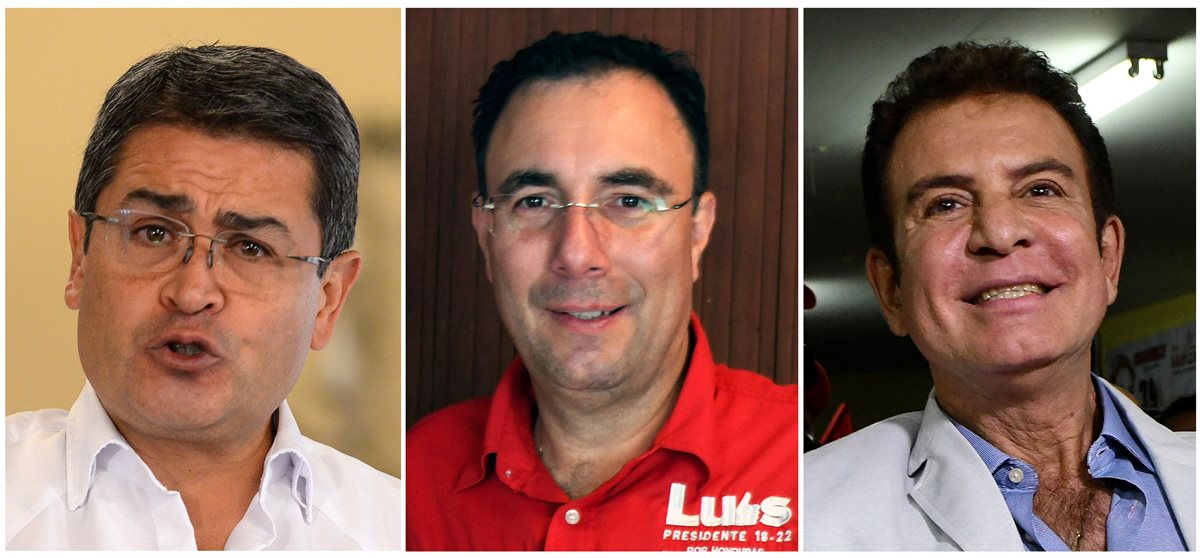 Los rivales más fuertes para Hernández (izquierda) son Luis Zelaya (centro) y Salvador Nasralla. (Foto Prensa Libre: AFP)
