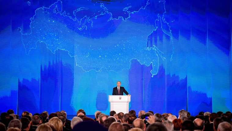 Vladímir Putin, pronuncia su discurso anual sobre el estado de la nación en Moscú, Rusia.(Foto Prensa Libre:AFP).