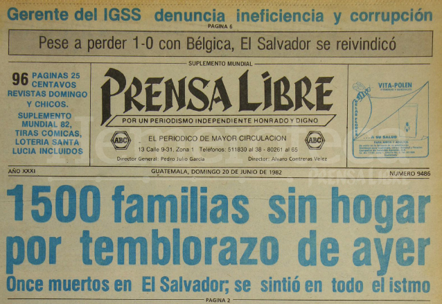 Titular de Prensa Libre del 20 de junio de 1982. (Foto: Hemeroteca PL)