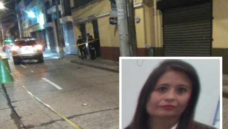 Agentes resguardan el lugar del ataque contra Ana Leonor Guerra Roldán -foto inserta-. (Foto Prensa Libre: Estuardo Paredes)