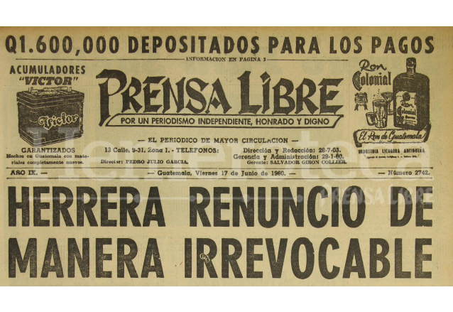 Titular de Prensa Libre del 17/06/1960. (Foto: Hemeroteca PL)