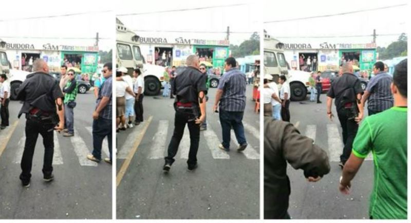 Secuencia de cómo el seguridad se acercó al hombre para amenazarlo. (Foto Prensa Libre: Redes sociales)