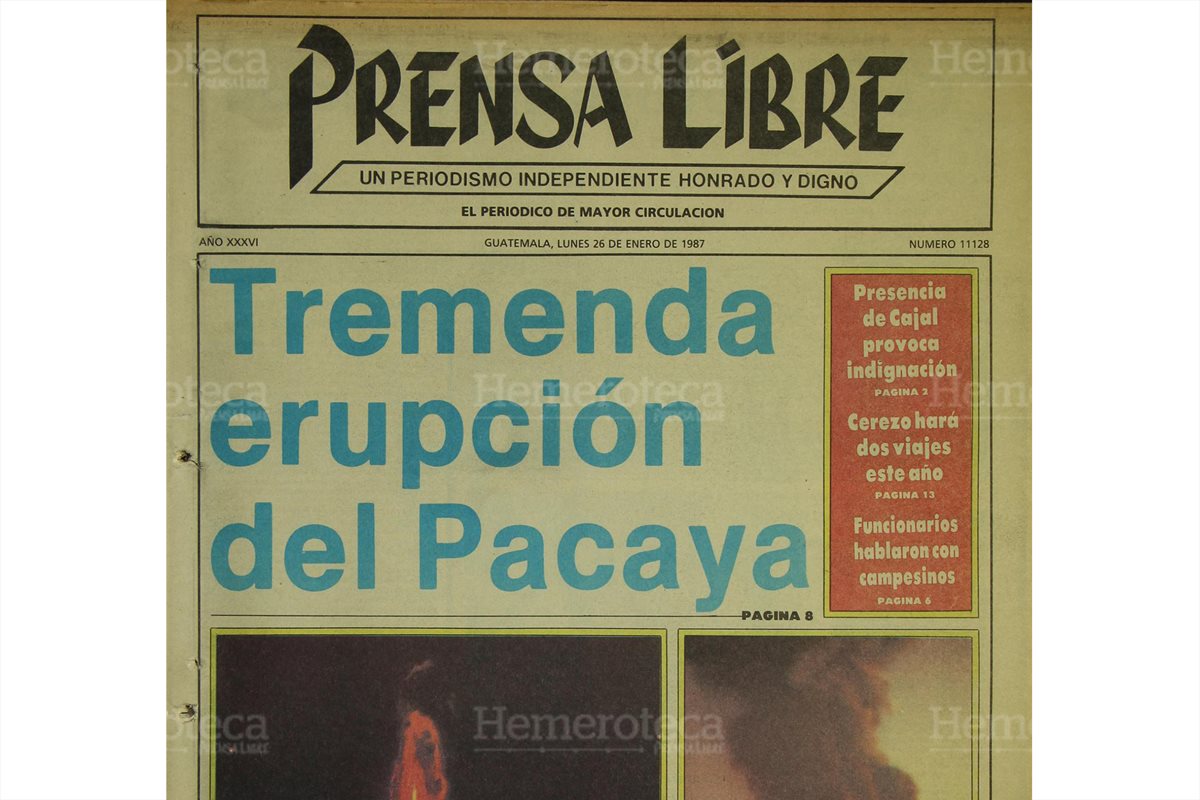 Portada de Prensa Libre del 26/1/1987 informa sobre una de las más feroces erupciones del volcán de Pacaya en 30 años, visible desde el centro de la capital. (Foto: Hemeroteca PL)
