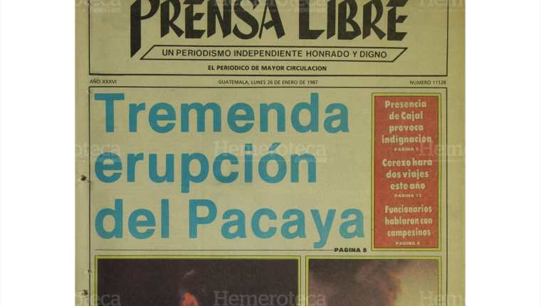 Portada de Prensa Libre del 26/1/1987 informa sobre una de las más feroces erupciones del volcán de Pacaya en 30 años, visible desde el centro de la capital. (Foto: Hemeroteca PL)