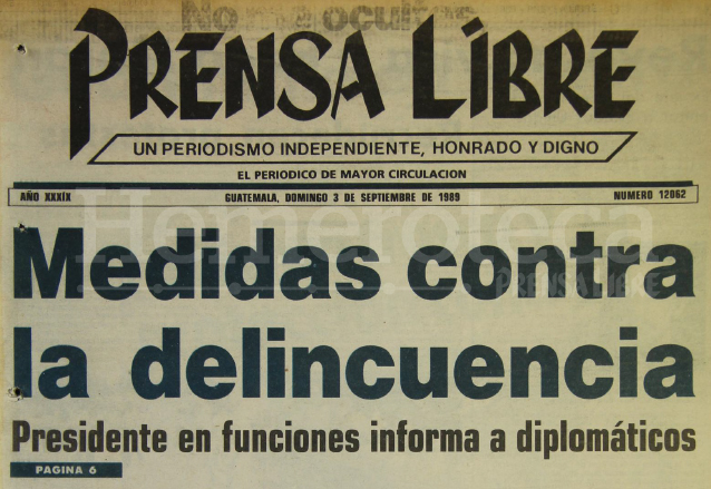 Titular de Prensa Libre del 3 de septiembre de 1989. (Foto: Hemeroteca PL)
