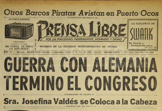 Titular de Prensa Libre del 22 de noviembre de 1956. (Foto: Hemeroteca PL)